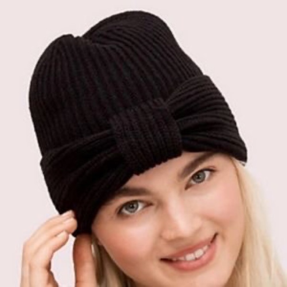 KATE SPADE BOW CUFFED WOOL BLEND KNIT BEANIE BLACK OS NWOT
